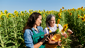 two women smiling in a sunflower field