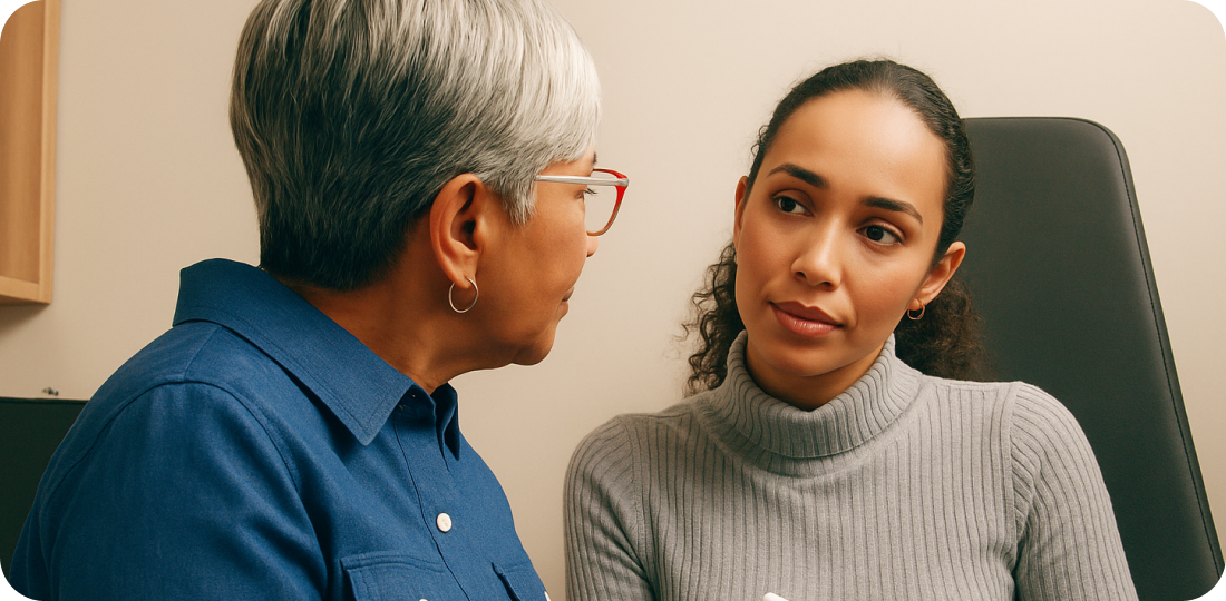 two women in different age groups making eye contact