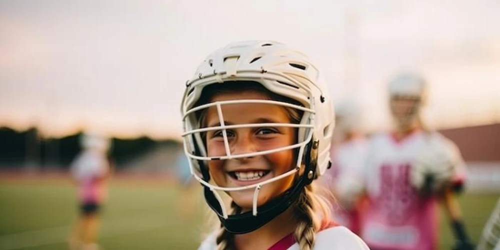 Photograph of a girl looking through a helmet.