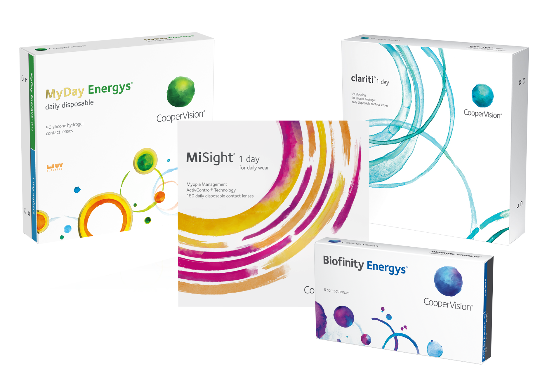 MyDay Energys, MiSight 1 day, clariti 1 day, and Biofinity Energys product shots.