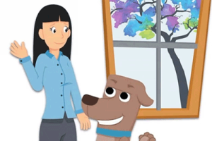 A woman smiling next to a dog in front of a window.