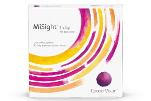 Box of MiSight 1 day contact lenses for myopia control in age-appropriate children.