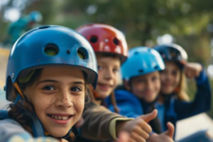 kids wearing helmets and smiling