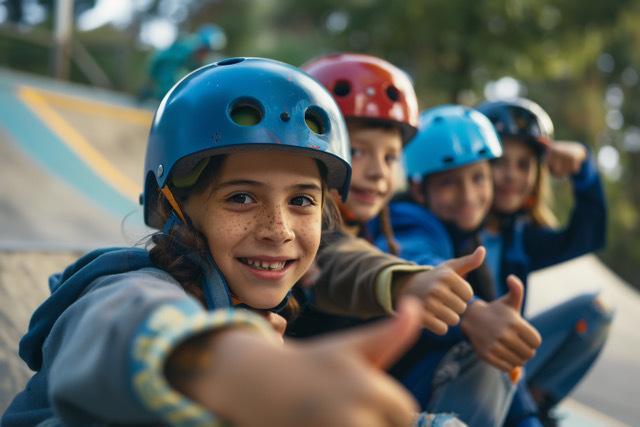 children wearing bike helmets