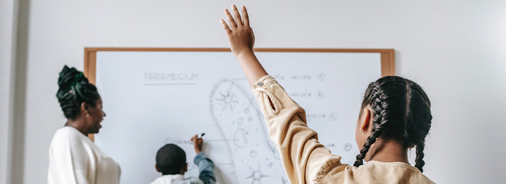 Girl raising hand in class