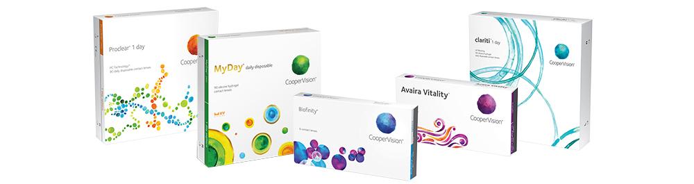 MyDay, clariti, Biofinity, Proclear, and Avaira contact lens product boxes.