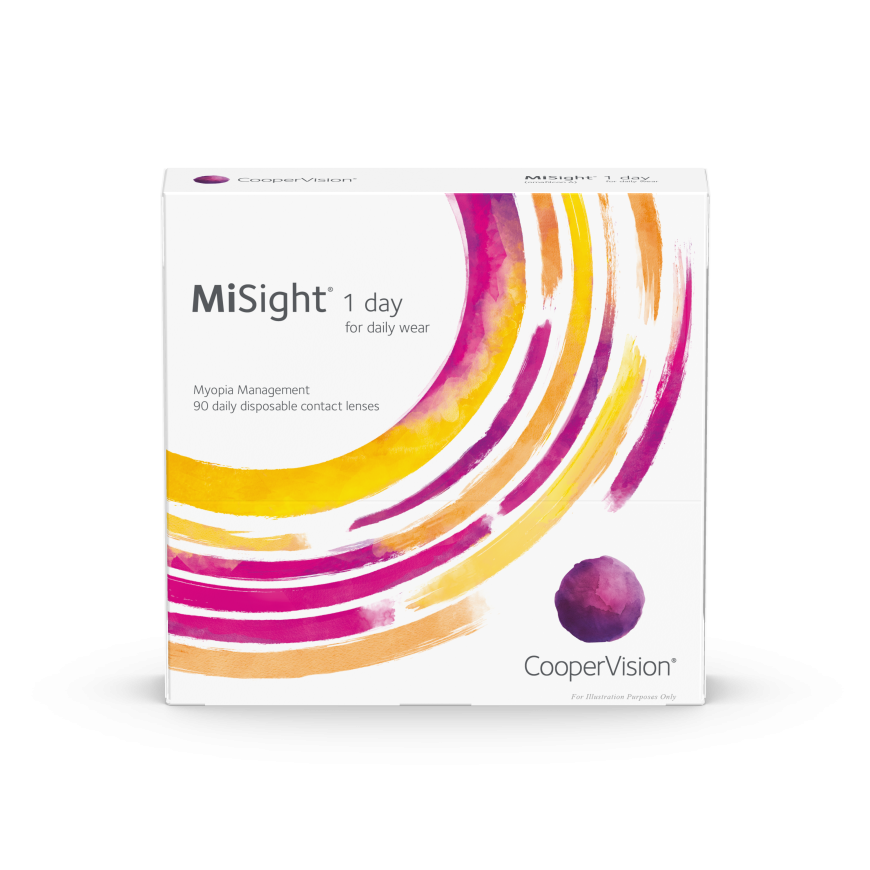 Box of MiSight 1 day contact lenses for myopia control in age-appropriate children.