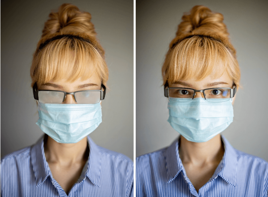 woman wearing surgical mask with foggy glasses.