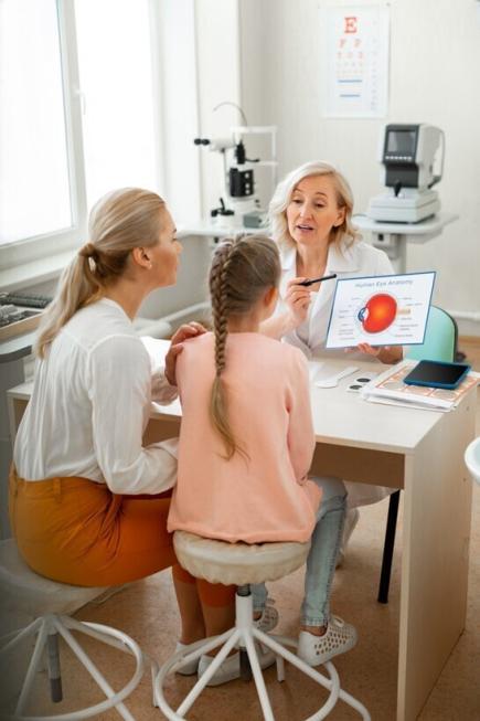 A mother and her daughter talk to an optometrist about eyecare and myopia treatment.