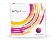 Box of MiSight 1 day contact lenses for myopia control in age-appropriate children.