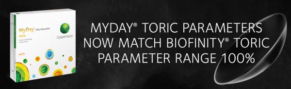MyDay toric parameters now match Biofinity toric parameter range 100%.